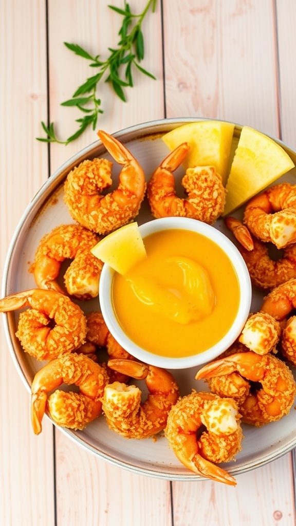 Crispy Coconut Shrimp with Tropical Pineapple Dipping Sauce A plate of crispy coconut shrimp with pineapple dipping sauce on a wooden table.